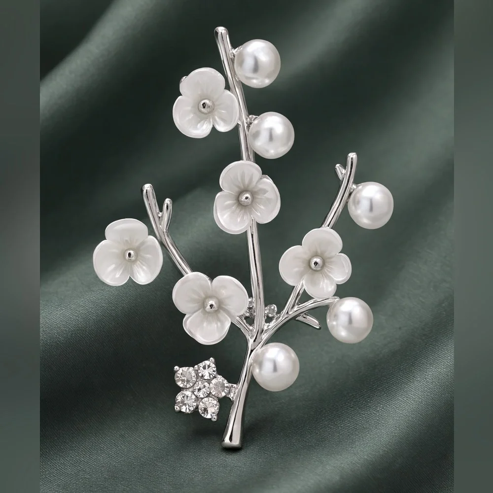 Cherry Silver Blossom Pearl Branch Brooch